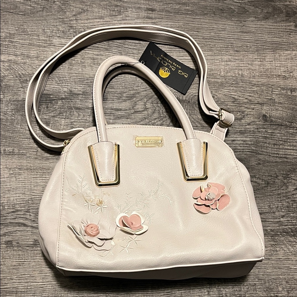 Big Buddha Cream Satchel with Pink Floral Details